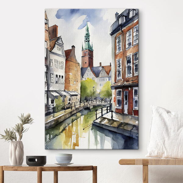 Cuadros Acuarela de un canal con edificios y una torre (SKU: s36682) Cuadros Cuadros Acuarela de un canal con edificios y una torre (SKU: s36682)