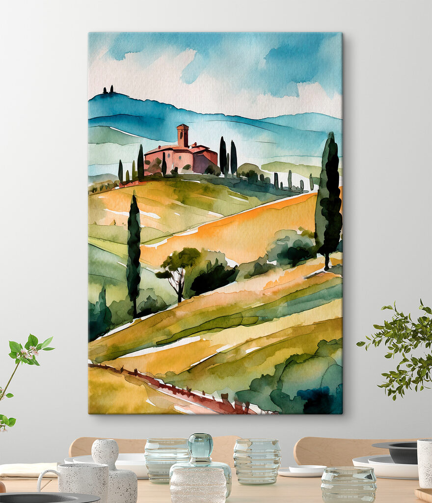 Watercolor of a house on a hill with trees and hills