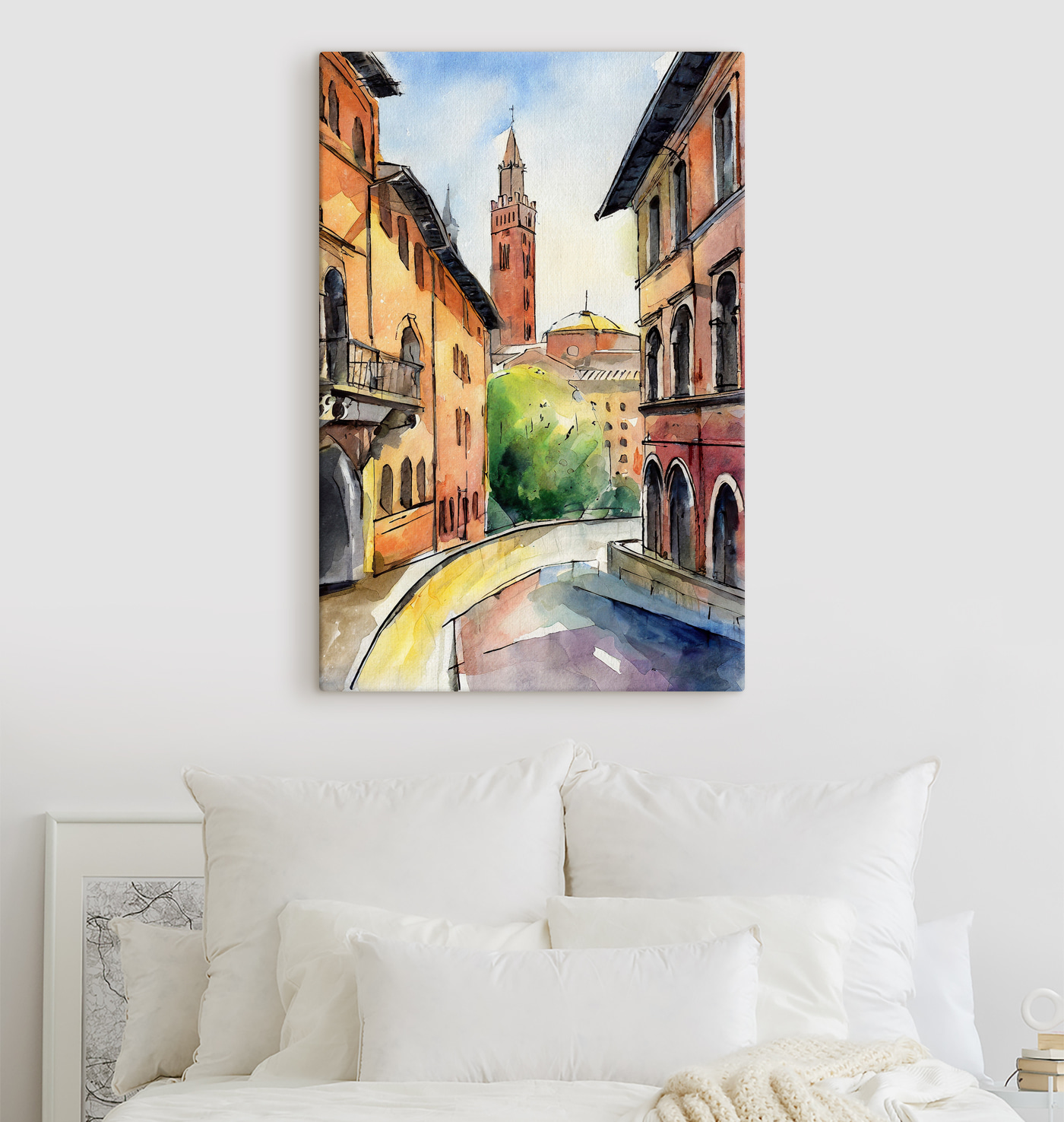 Watercolor of a street with buildings and trees