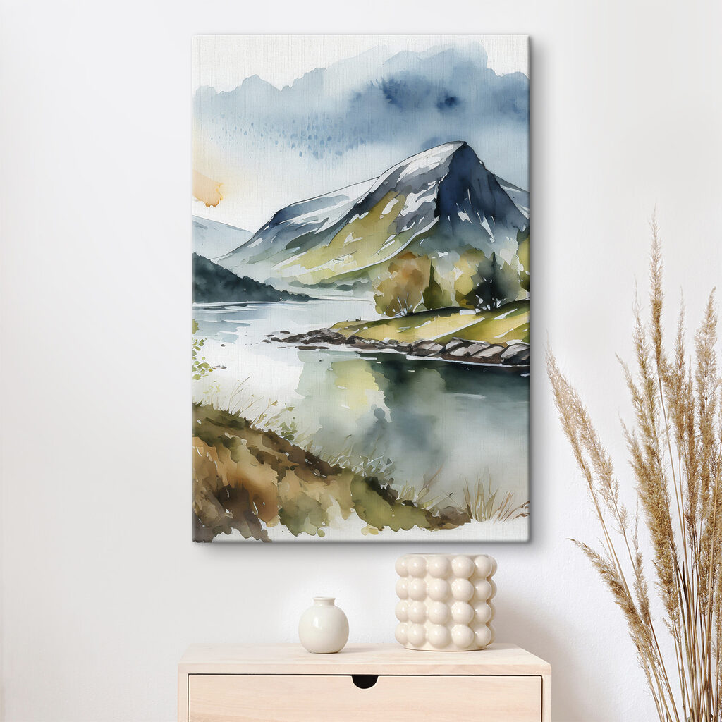 Watercolor of a mountain and a river