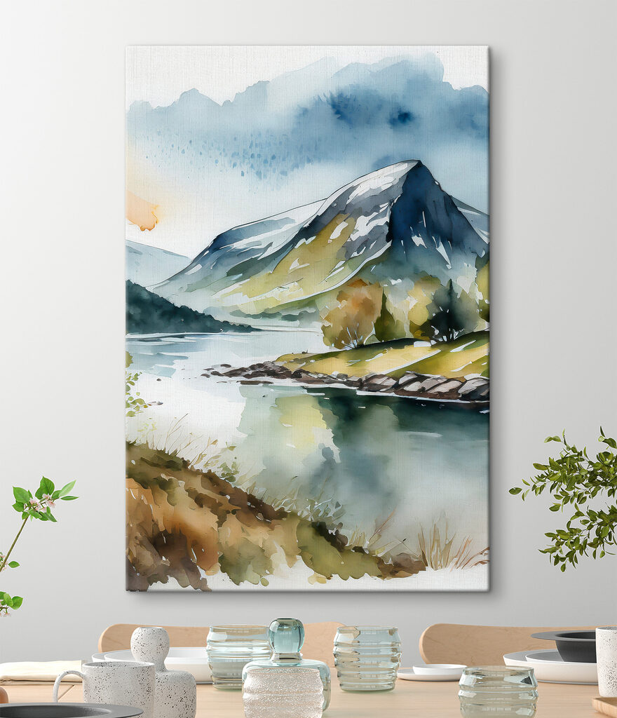 Watercolor of a mountain and a river