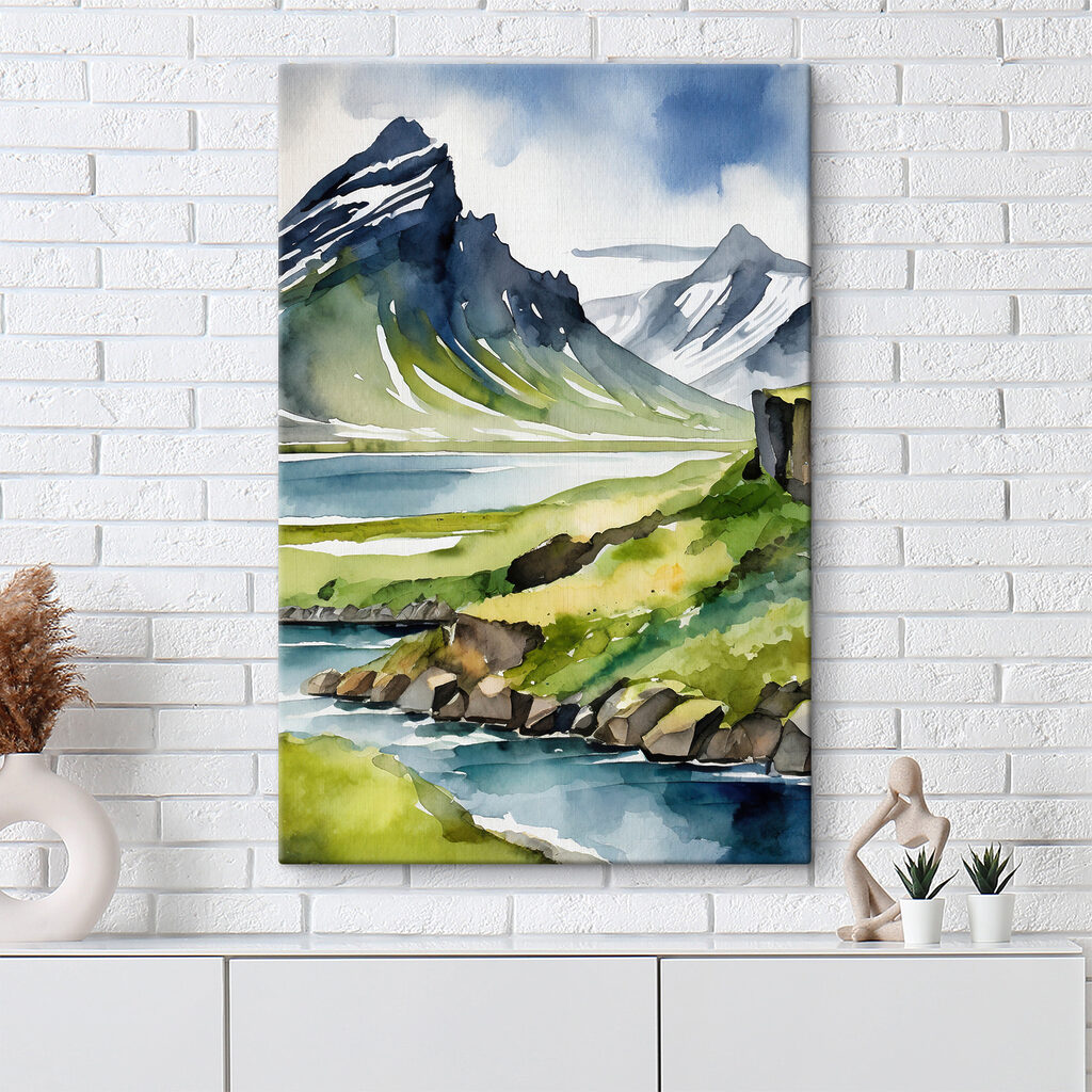 Watercolor painting of a mountain and lake