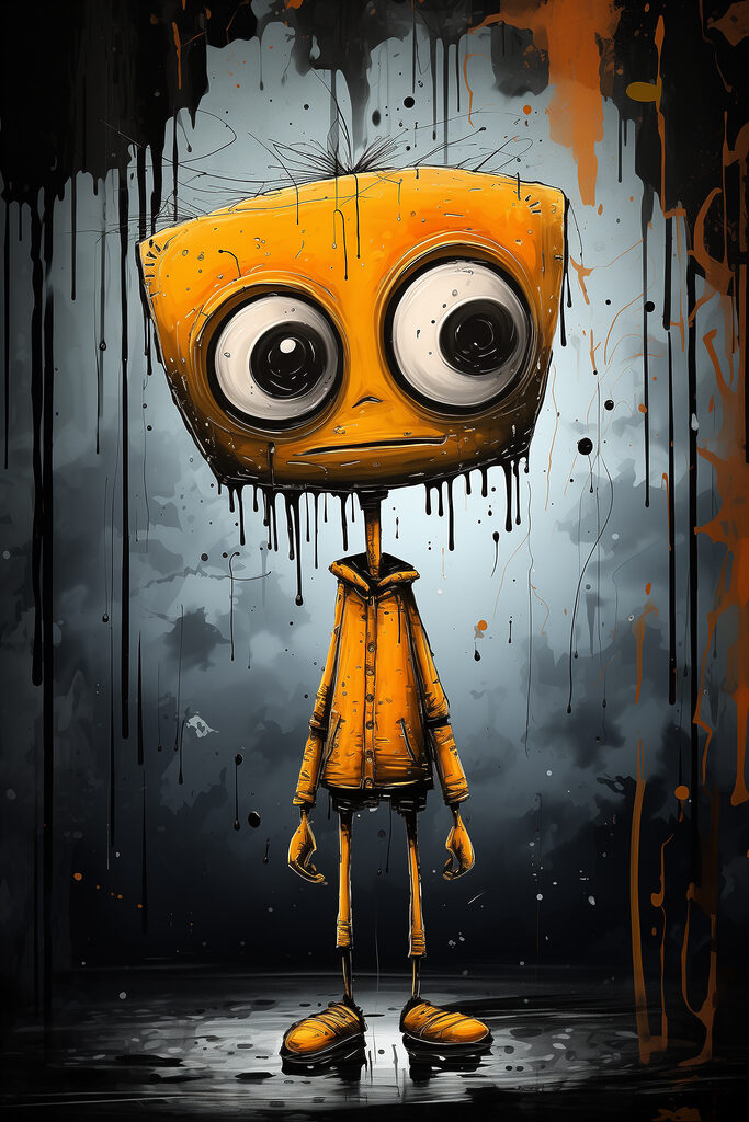 A cartoon character with a square head and large eyes A cartoon character with a square head and large eyes