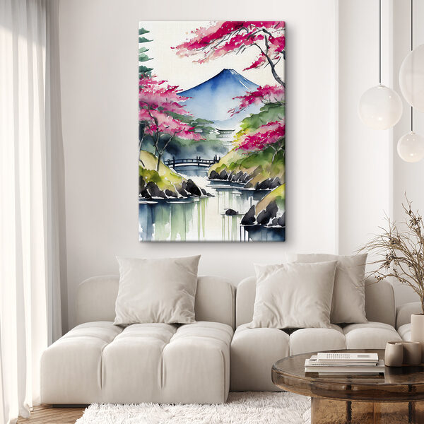 Cuadros Acuarela de una montaña y unos árboles con flores rosas (SKU: s36691) Cuadros Cuadros Acuarela de una montaña y unos árboles con flores rosas (SKU: s36691)
