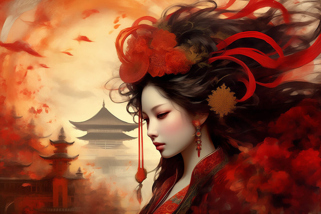 A woman with long hair and red flowers in her hair A woman with long hair and red flowers in her hair