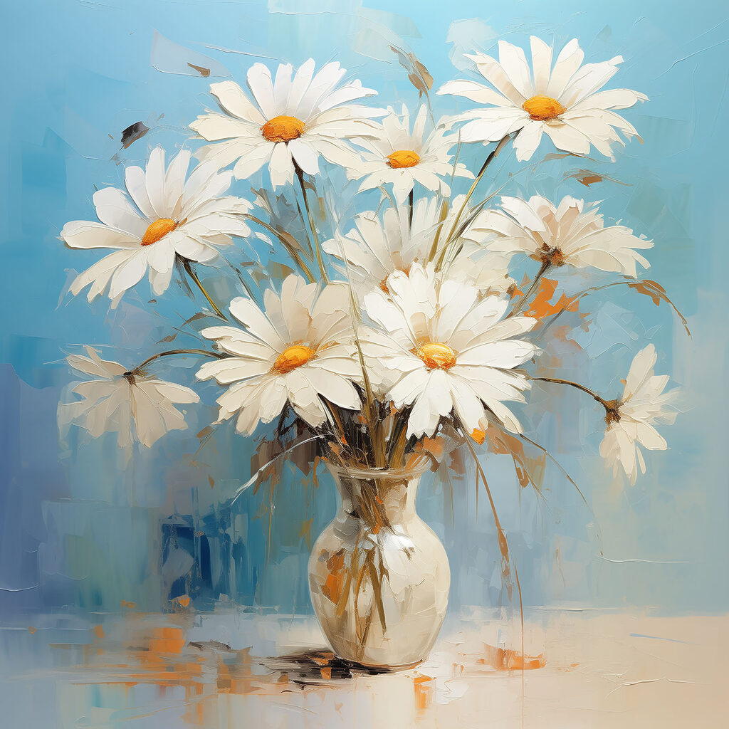 A painting of a vase of flowers