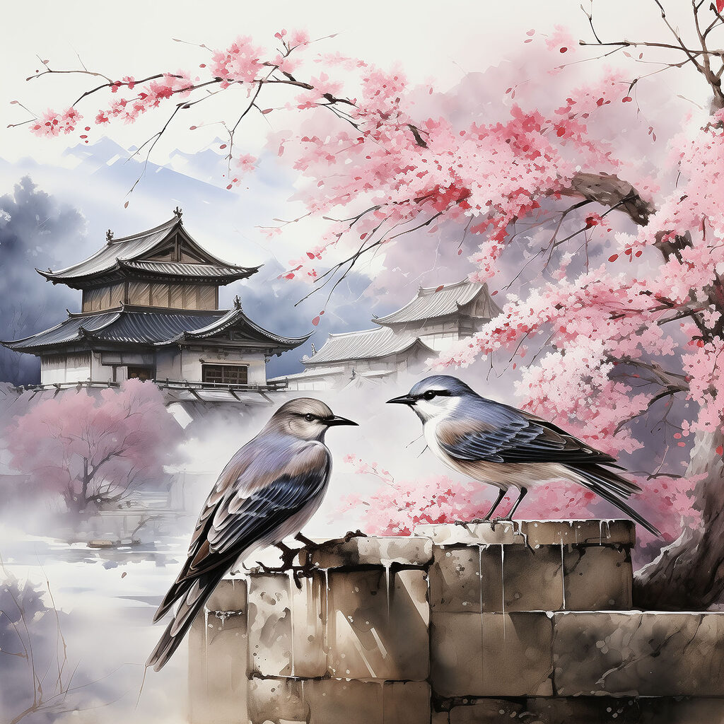 A painting of birds on a wall
