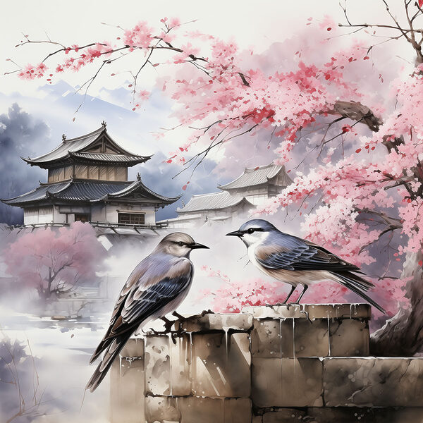A painting of birds on a wall