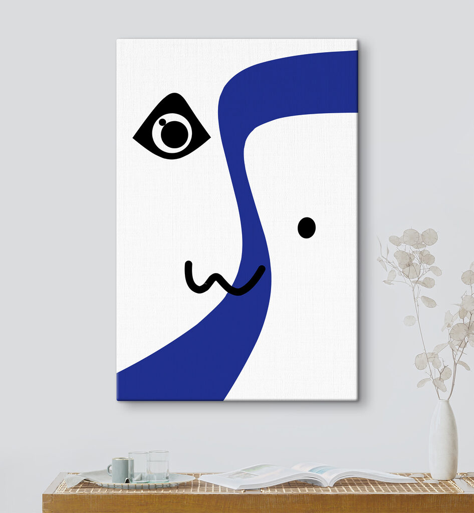 A blue and white face with black eyes and a black line A blue and white face with black eyes and a black line