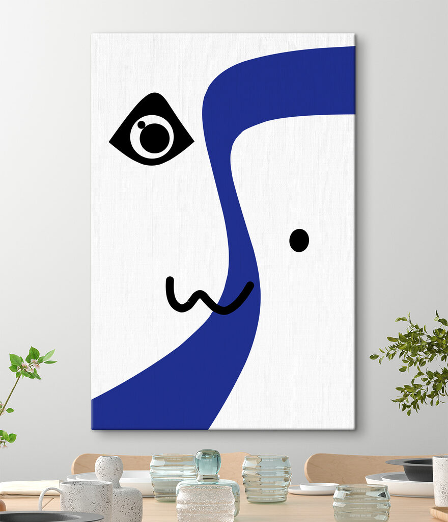 A blue and white face with black eyes and a black line A blue and white face with black eyes and a black line