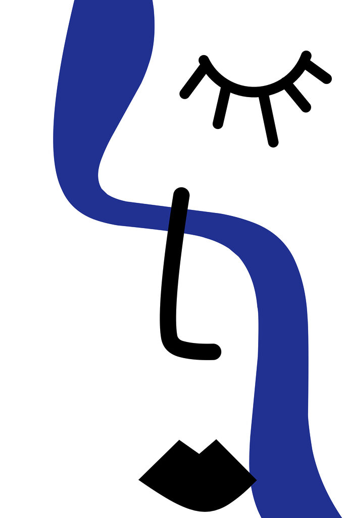 A blue and black drawing of a person with a sun A blue and black drawing of a person with a sun