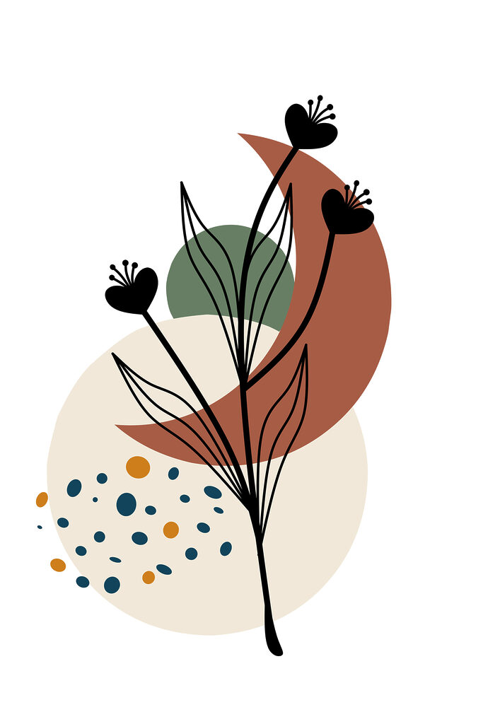 A black flower with leaves and circles