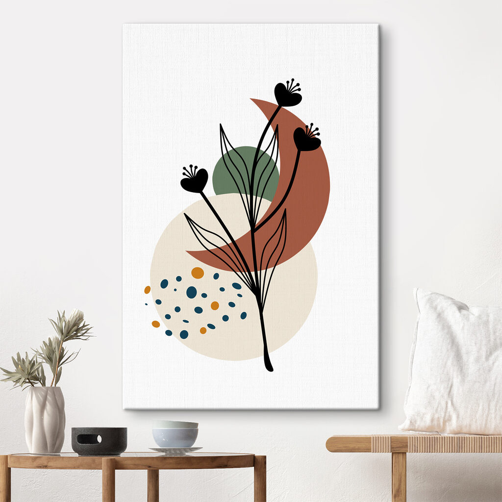 A black flower with leaves and circles