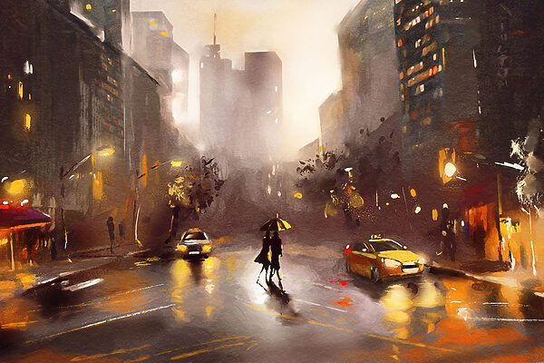 A person with an umbrella walking on a wet street with cars and buildings