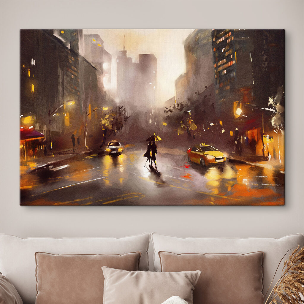 A person with an umbrella walking on a wet street with cars and buildings