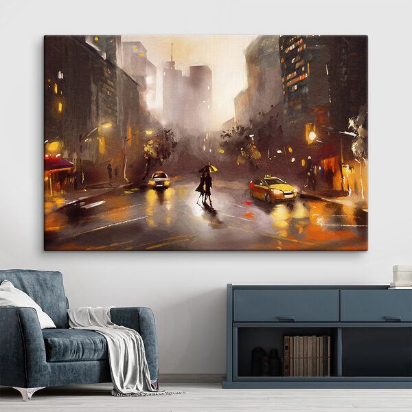 A person with an umbrella walking on a wet street with cars and buildings