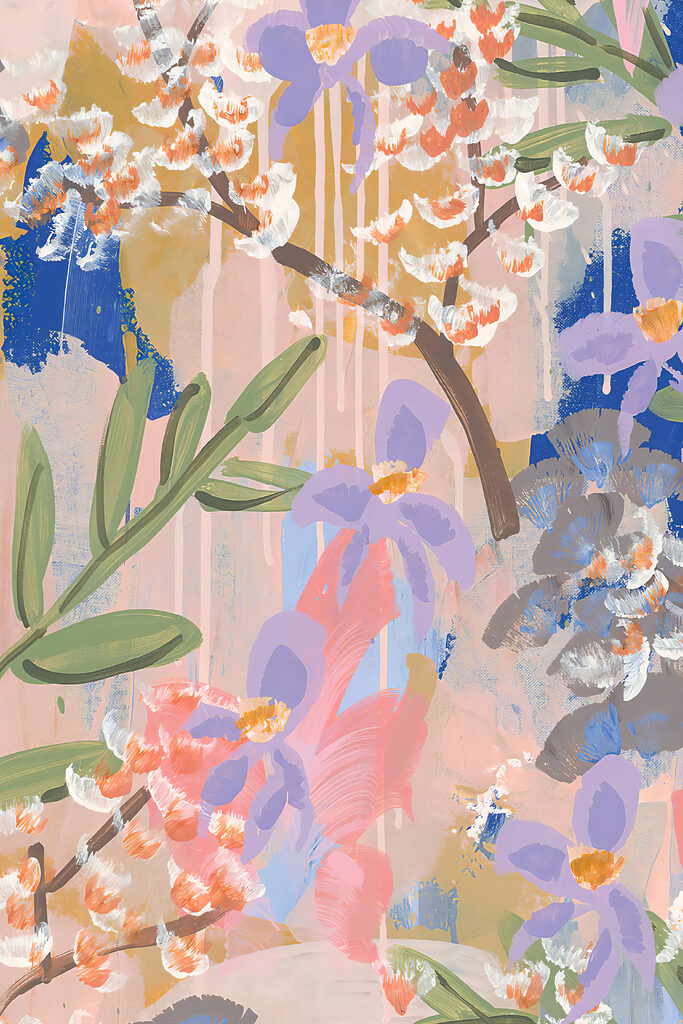 A painting of flowers and leaves