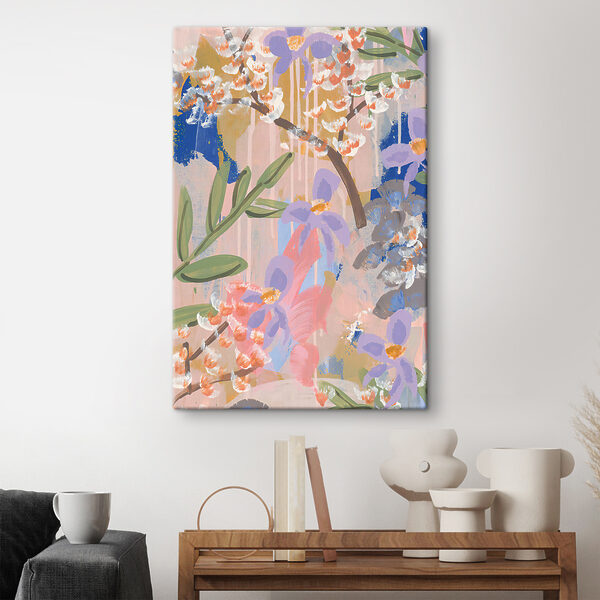 A painting of flowers and leaves