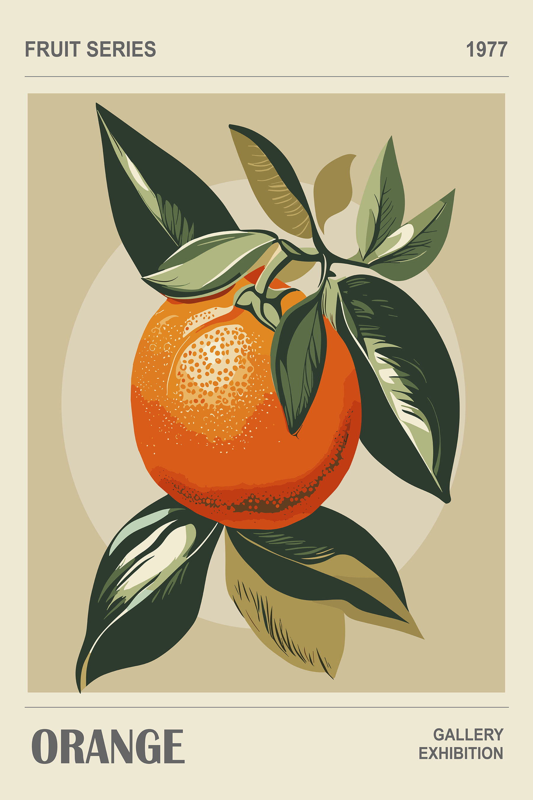 An orange with leaves on a branch