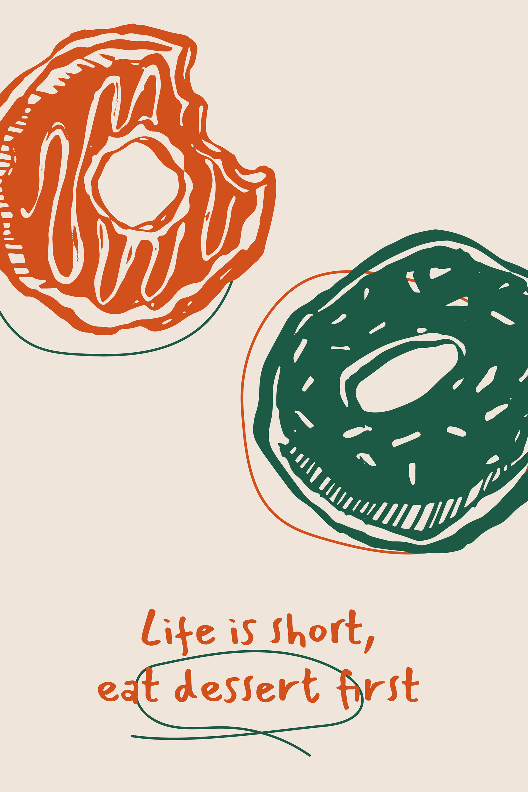A drawing of donuts with green and orange icing