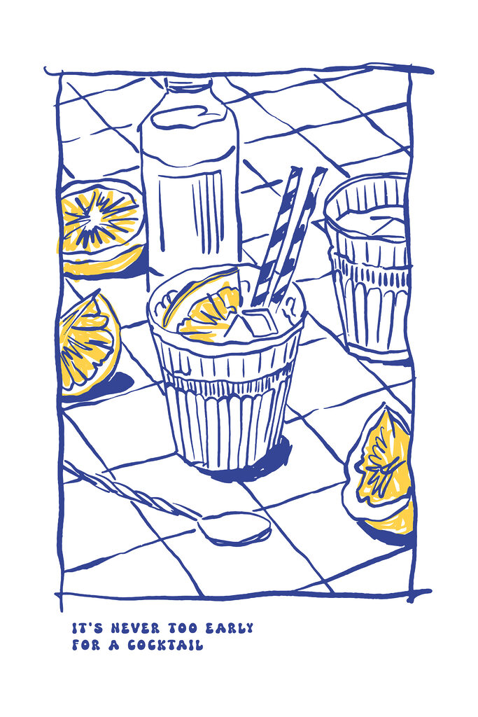 A drawing of a drink and a glass of juice