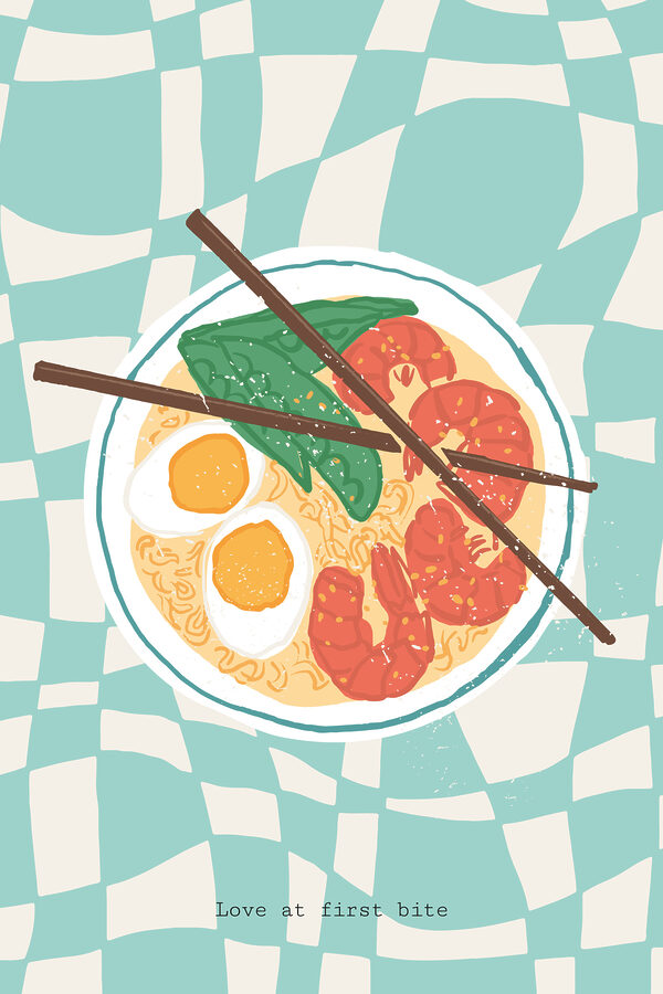 A bowl of ramen with shrimp and eggs
