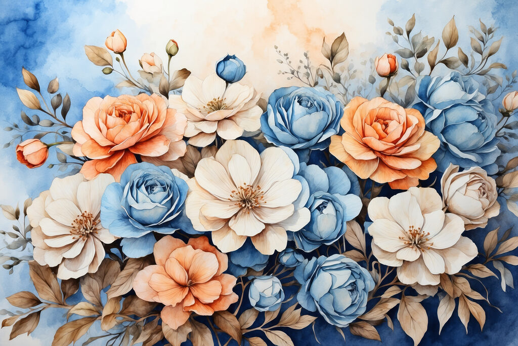 A painting of flowers on a blue background A painting of flowers on a blue background