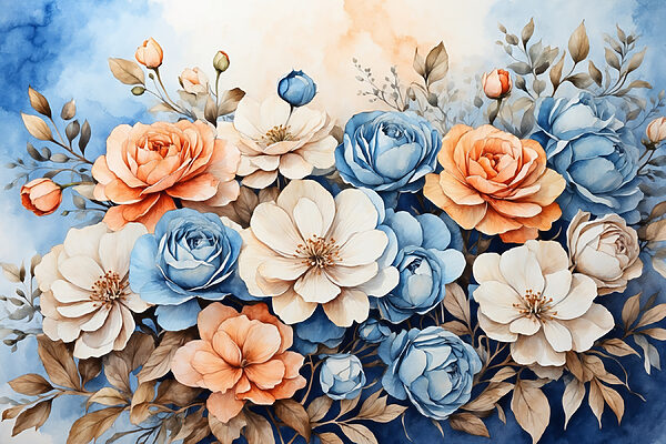 A painting of flowers on a blue background A painting of flowers on a blue background
