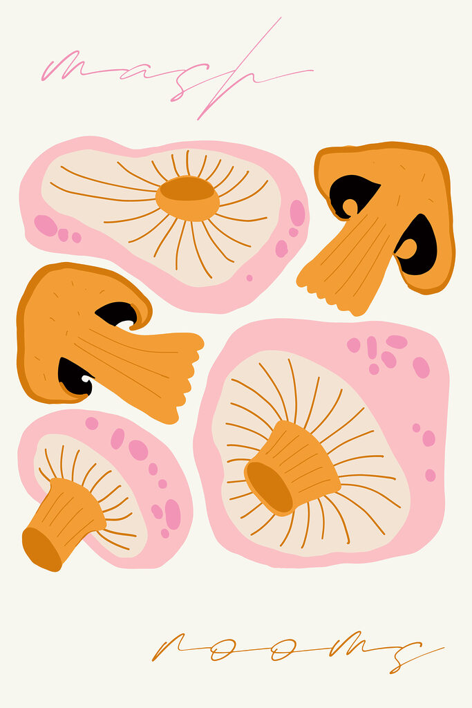 A group of mushrooms with different shapes