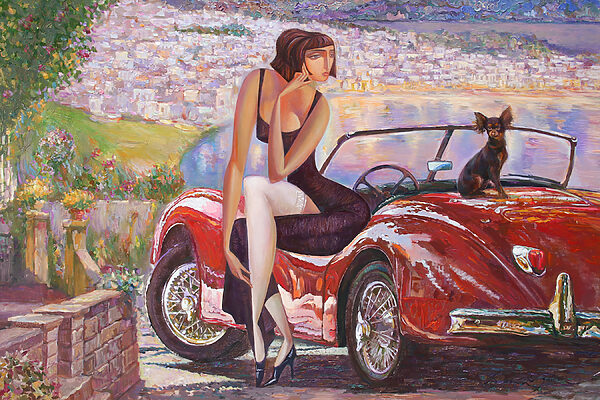 A painting of a woman sitting on a red car with a dog