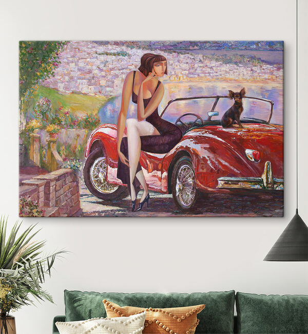 Cuadros Un cuadro en el que aparece una mujer sentada en un coche rojo con un perro (SKU: s36822) Cuadros Cuadros Un cuadro en el que aparece una mujer sentada en un coche rojo con un perro (SKU: s36822)