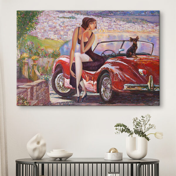 A painting of a woman sitting on a red car with a dog