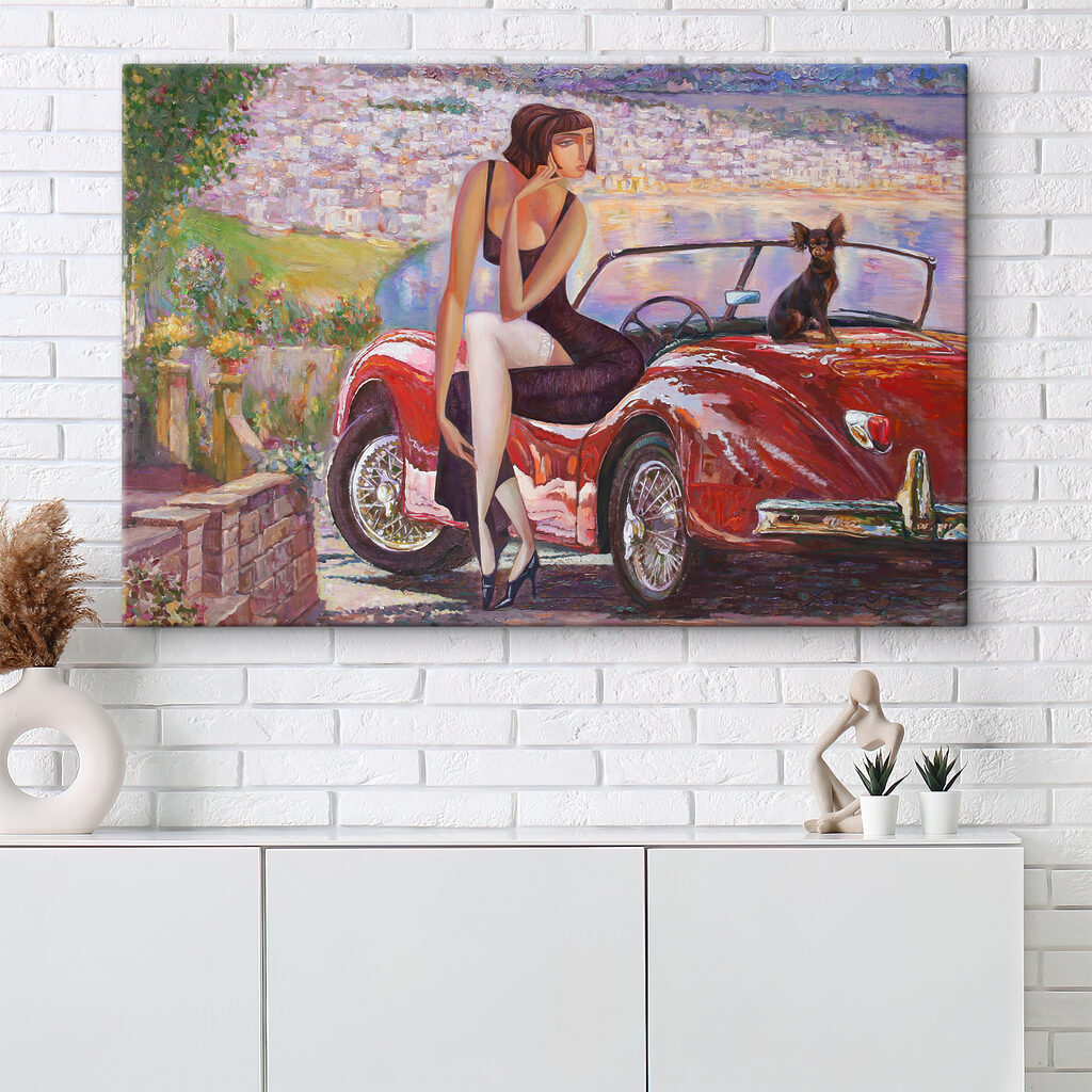 A painting of a woman sitting on a red car with a dog