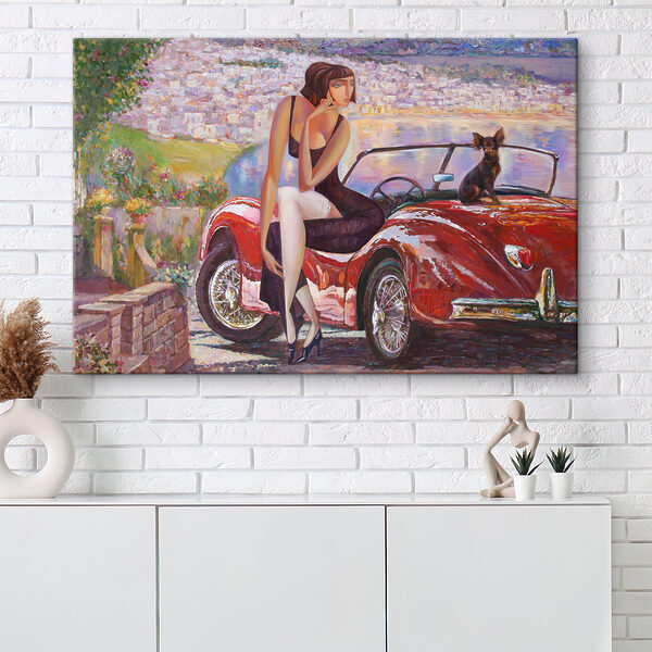 A painting of a woman sitting on a red car with a dog