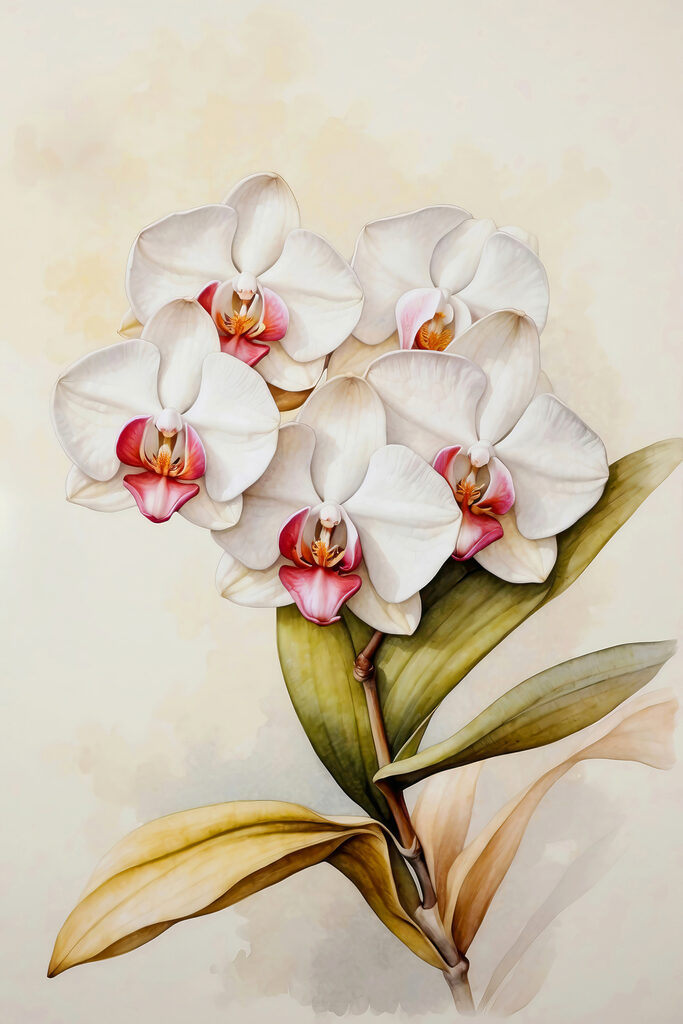 A painting of a white orchid