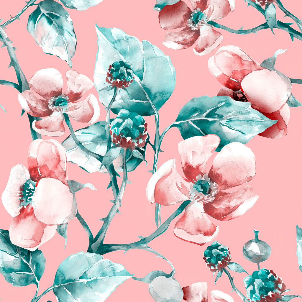 A watercolor painting of flowers and leaves