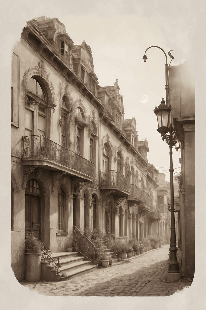 A street with a building and a lamp post