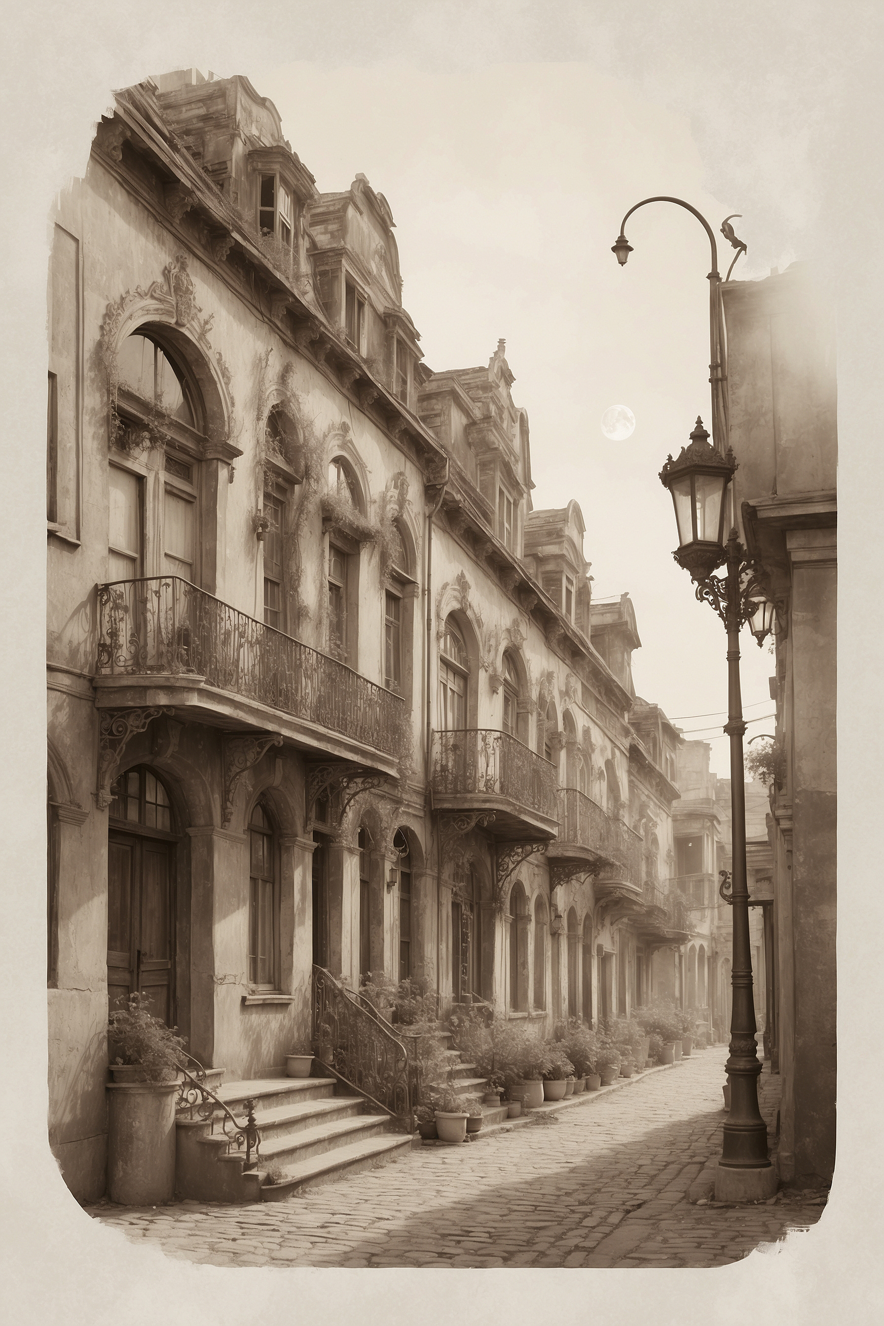 A street with a building and a lamp post