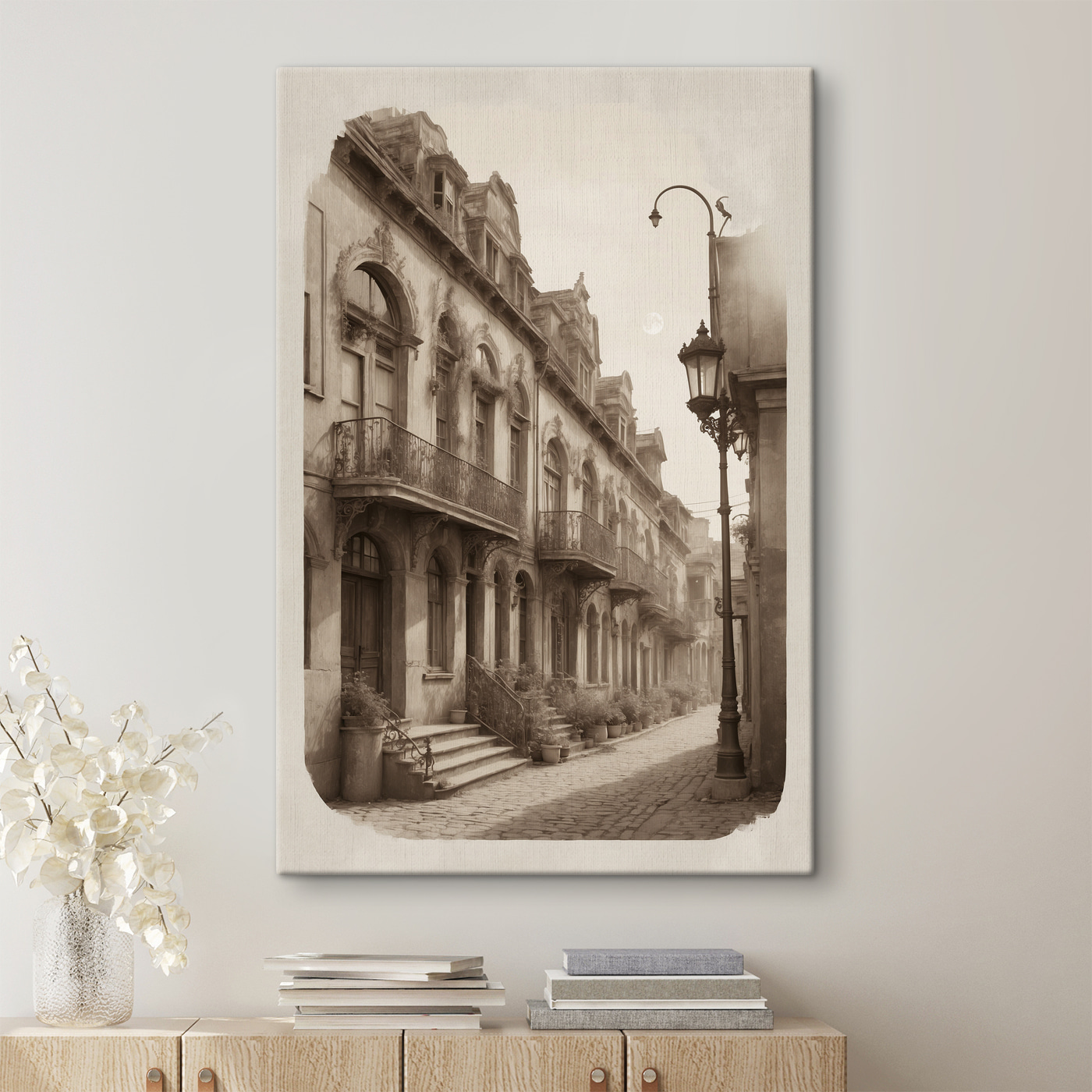 A street with a building and a lamp post