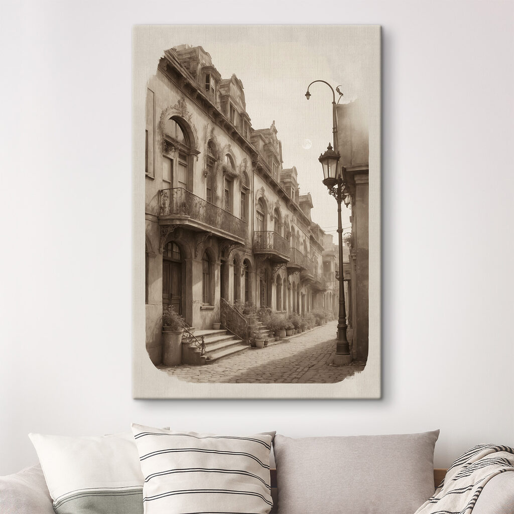 A street with a building and a lamp post