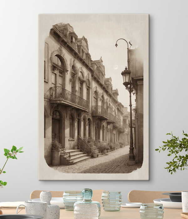 A street with a building and a lamp post