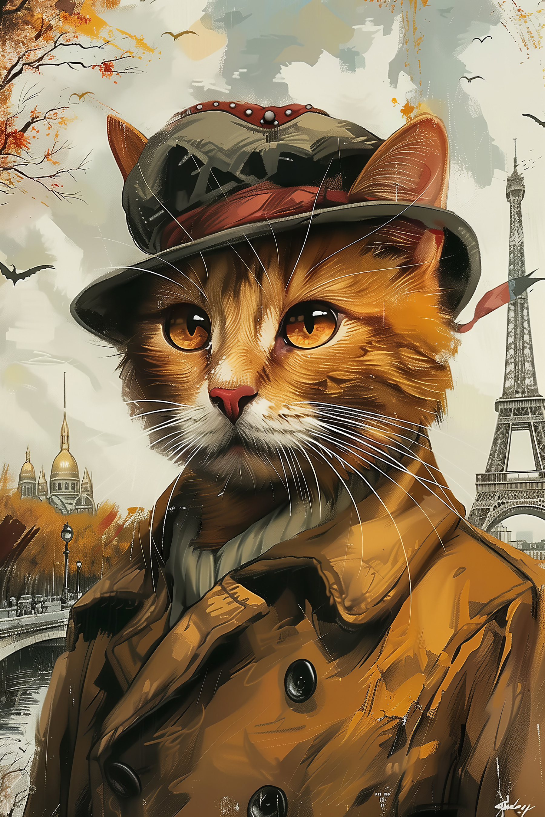 A cat wearing a hat and coat