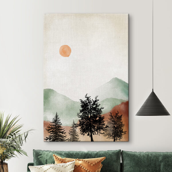 Cuadros Cuadros Un cuadro que representa un paisaje montañoso con árboles y montañas (SKU: s36592)