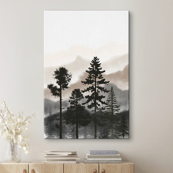 A group of trees in the fog