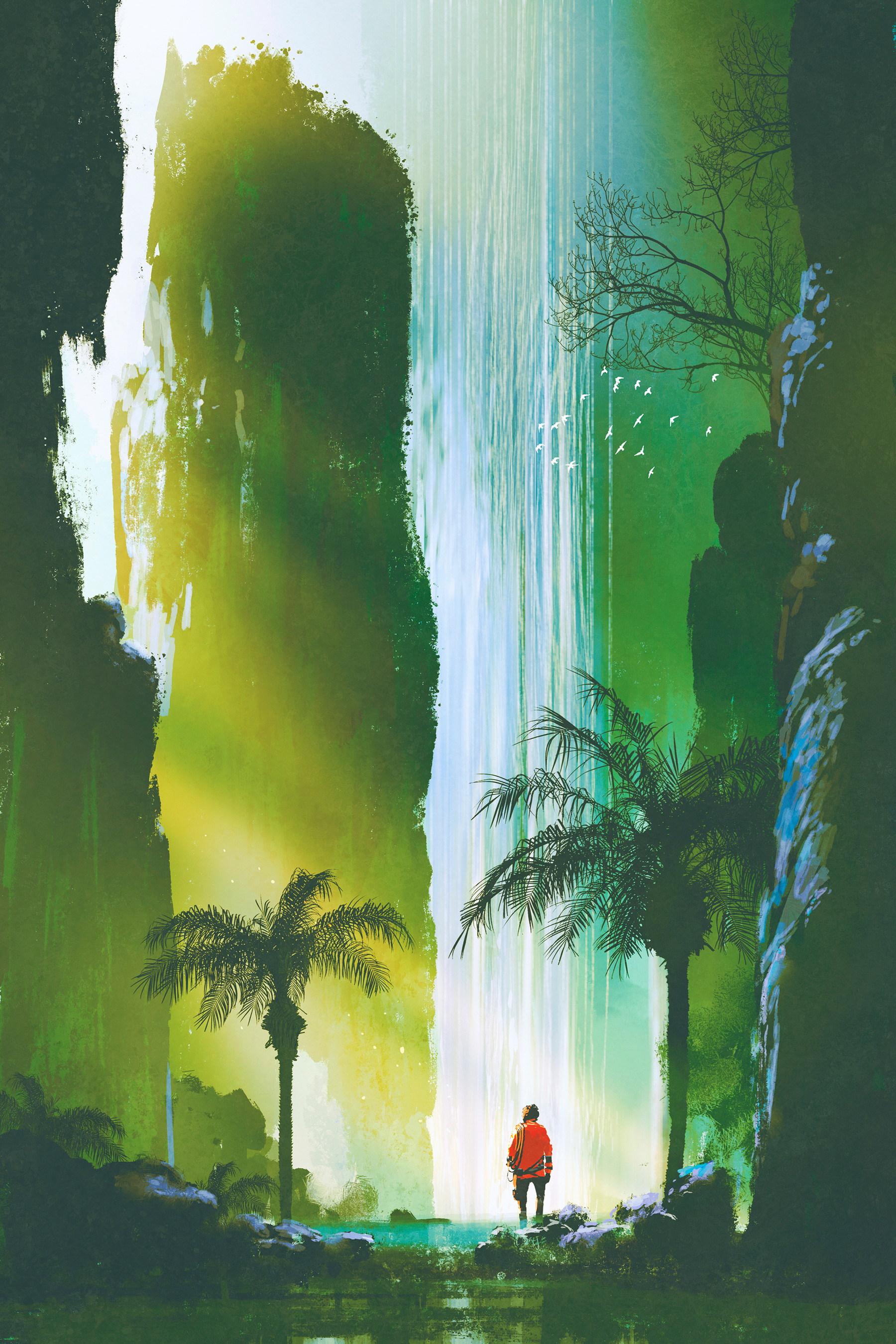 A man walking in a forest with a waterfall A man walking in a forest with a waterfall