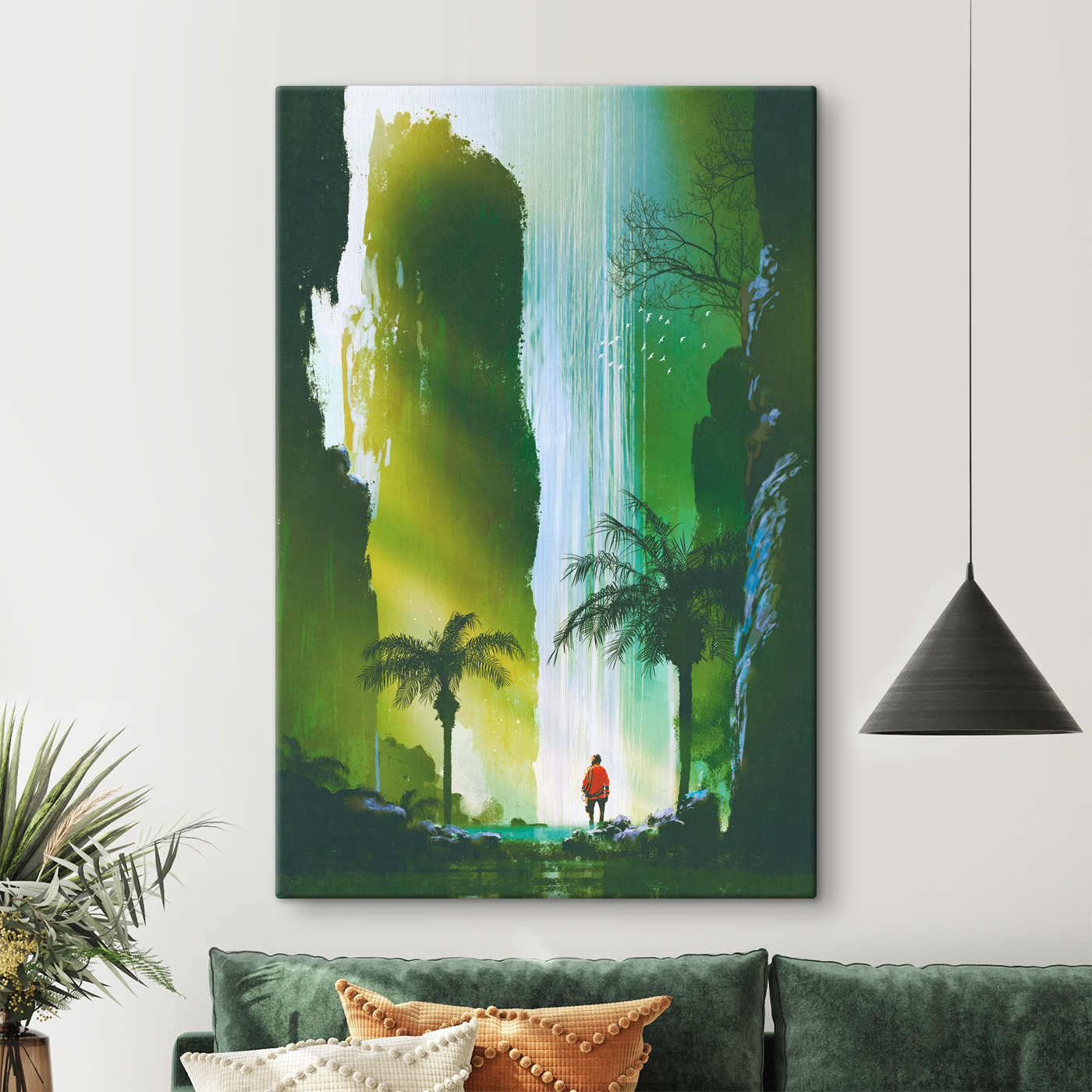 A man walking in a forest with a waterfall A man walking in a forest with a waterfall