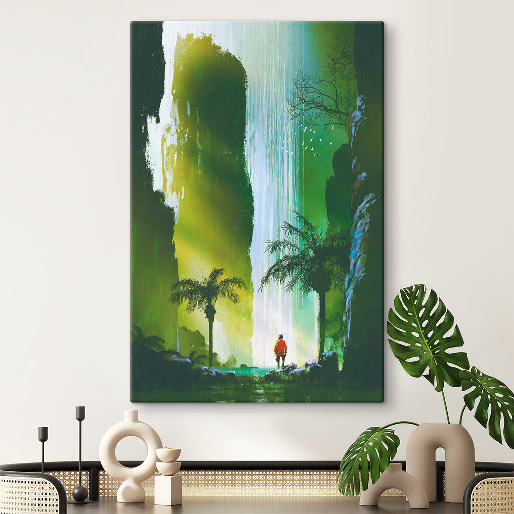 A man walking in a forest with a waterfall A man walking in a forest with a waterfall