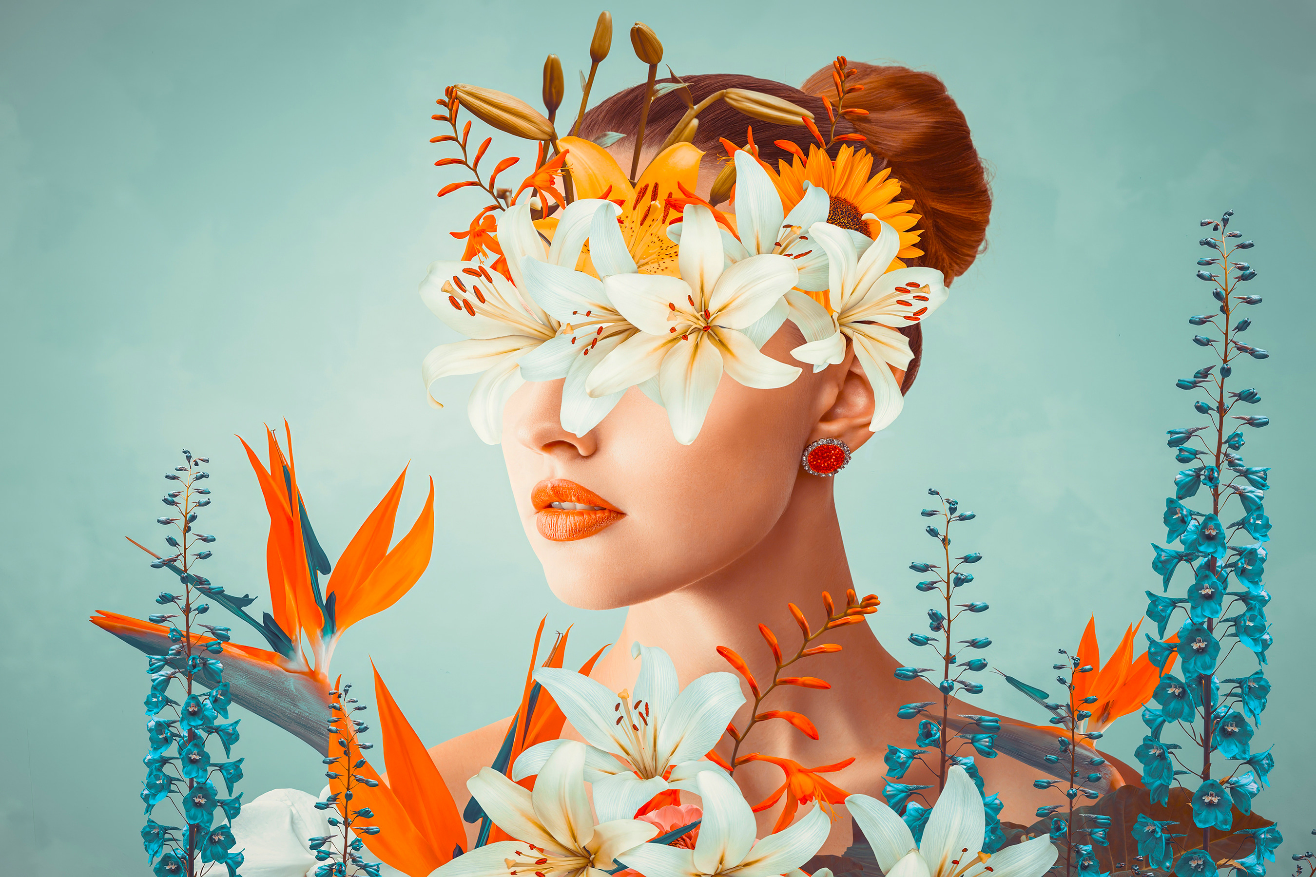 A woman with flowers around her eyes A woman with flowers around her eyes