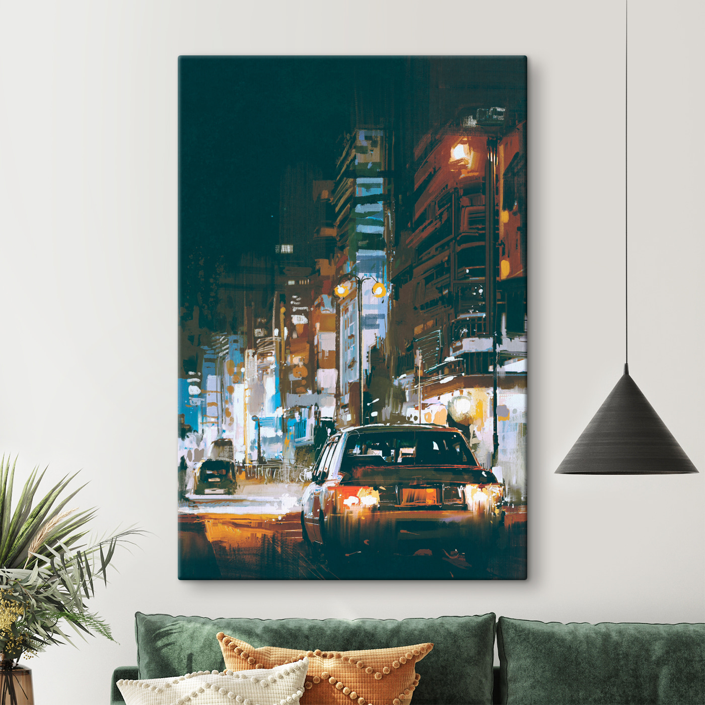 A car driving down a street in a city