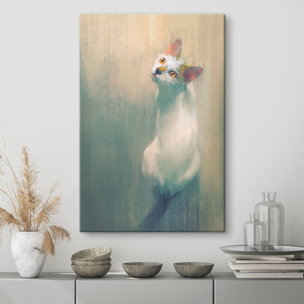 A white cat looking up